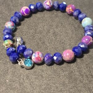 Handmade blue Chinese crystal and purple sea sediment jasper wrap wire bracelet